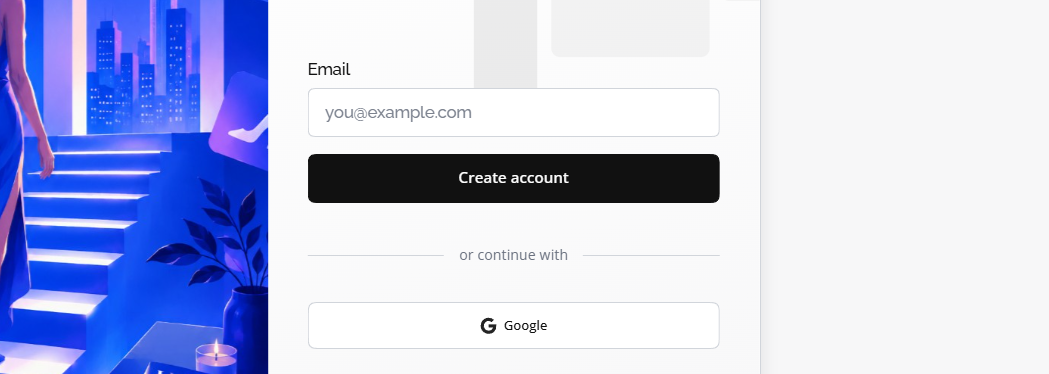 Delora sign-up screen with email field, Create account button, and Google sign-in option