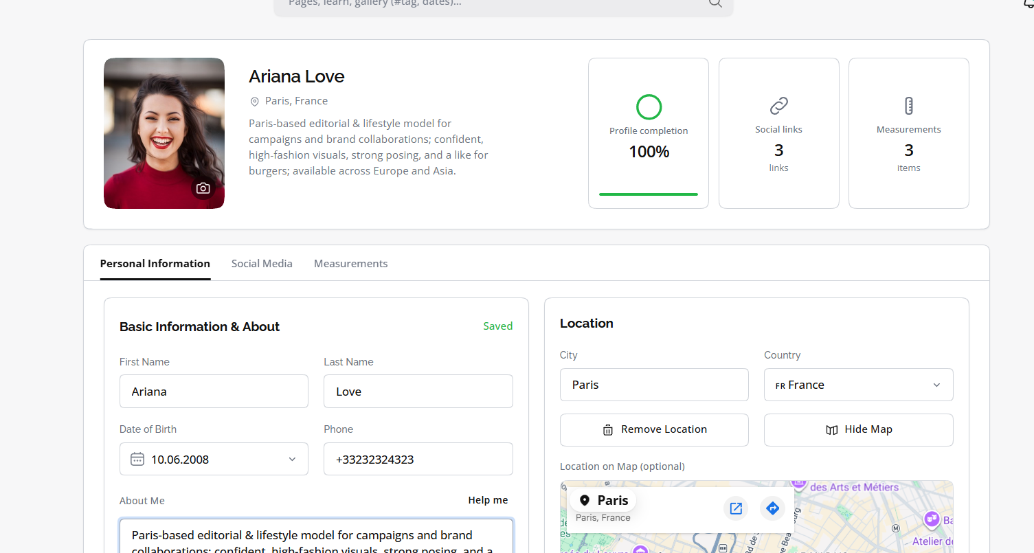 Model Card profile screen with photo, bio, profile completion, and Personal Information tab