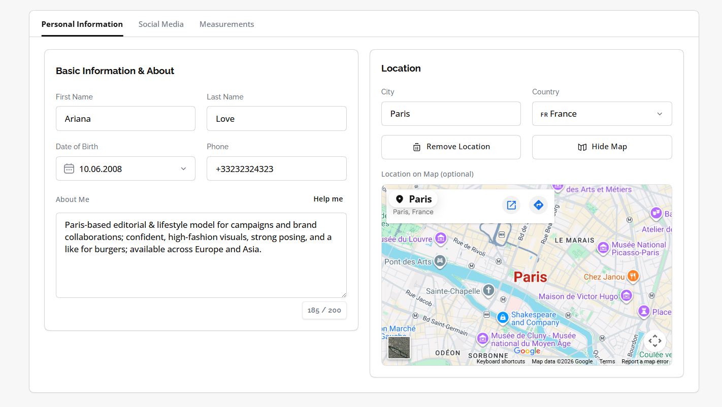 Personal Information tab with Basic Information, About Me, and Location with city, country, and map