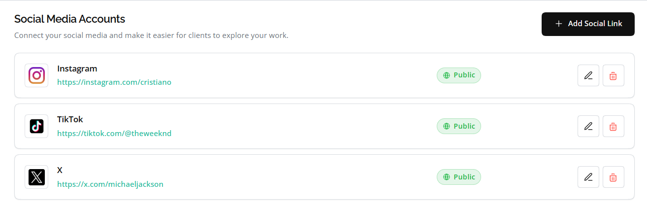 Social Media Accounts tab with Instagram, TikTok, and X links, Public badges, and Add Social Link button