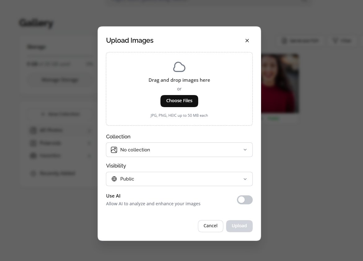 Upload Images modal with drag-and-drop area, collection, visibility, and Use AI toggle